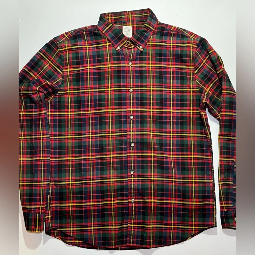 J Crew Long Sleeve Plaid Button Shirt, XL, Slim Fit, Red Green
